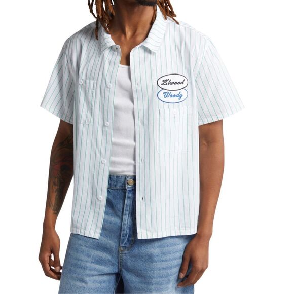 ELWOOD WOODY PINSTRIPE SHORT SLEEVE BUTTON-UP WORK SHIRT IN WHITE/KELLY GREEN Sz - Picture 1 of 7